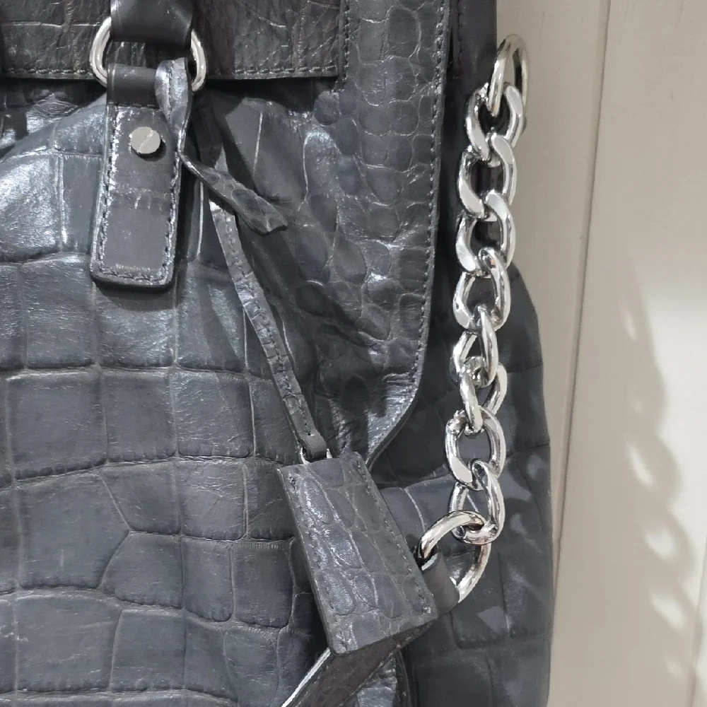 Michael Kors Dillon  Gray Crocodile-Embossed Large Shoulder Bag Satchel - Picture 7 of 14